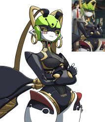  1girl aaaaqwilo absurdres artist_name bandaid bandaid_on_cheek bandaid_on_face breasts cowboy_shot crossed_arms derivative_work earrings english_commentary green_eyes highres jewelry looking_at_viewer parted_lips pink_pupils reference_inset robot_girl screenshot_inset screenshot_redraw signature simple_background small_breasts solo vesper_(zenless_zone_zero) white_background wide_hips zenless_zone_zero 