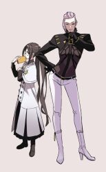  1boy 1girl akuta_hinako belt belt_buckle black_belt black_boots black_gloves black_shirt black_shrug book boots brown_background brown_hair buckle closed_mouth coat commentary_request contrapposto decoponmagi fate/grand_order fate_(series) full_body glasses gloves hand_on_own_arm hand_on_own_chin hand_on_own_hip hand_up high_heel_boots high_heels holding holding_book long_hair long_sleeves looking_at_viewer looking_down one_eye_closed pants purple_hair scandinavia_peperoncino shirt shrug_(clothing) side-by-side simple_background smile standing twintails undercut white_boots white_coat white_pants yu_mei-ren_(fate) 