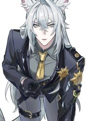  1boy absurdres animal_ear_fluff animal_ears black_gloves black_jacket cat_boy cat_ears cat_tail commentary_request crossed_bangs gloves grey_pants grey_shirt hair_between_eyes highres jacket leaning_forward looking_at_viewer male_focus necktie open_mouth pants police police_badge police_uniform policeman severian_lowell shirt simple_background solo tail vela_puri white_background yellow_eyes yellow_necktie zenless_zone_zero 