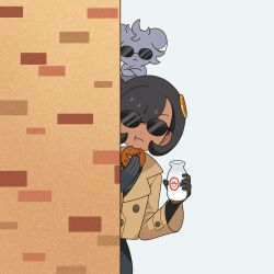  1girl :t absurdres black_hair bottle brown_jacket closed_mouth commentary_request crossed_arms dark-skinned_female dark_skin dot_nose drink eating emma_(pokemon) espurr food food_bite galette_(food) hair_ornament highres holding holding_bottle holding_drink holding_food ichigo_15_36 jacket long_sleeves lumiose_galette milk milk_bottle moomoo_milk peeking peeking_out pokemon pokemon_(creature) pokemon_legends:_z-a short_hair sunglasses 