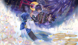  2boys architecture arms_behind_head blue_eyes blue_hair bridal_gauntlets closed_mouth commentary crescent cursive dual_persona east_asian_architecture elle_(maltmochie) english_text extra_arms flower from_behind genshin_impact hands_up highres japanese_clothes layered_clothes leaning_to_the_side looking_down multicolored_hair multiple_boys official_alternate_costume outdoors purple_hair scaramouche_(genshin_impact) standing streaked_hair wanderer_(genshin_impact) 