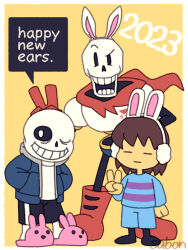  1other 2023 2boys 2d =_= ambiguous_gender animal_ear_hairband animal_ears animal_slippers armor artist_name black_boots black_shorts blue_jacket blue_shirt blue_shorts boots border brothers brown_hair bunny_ears_prank child commentary digital_media double_horizontal_stripe earmuffs fake_animal_ears frisk_(undertale) gloves grey_hood hairband happy_new_year height_difference hood hood_down hooded_jacket horizontal-striped_clothes human humanoid jacket long_sleeves male monster monster_boy multiple_boys new_year one_eye_closed open_clothes open_jacket papyrus_(undertale) pink_slippers pink_stripes pun rabbit_ears rabbit_slippers red_boots red_gloves red_scarf sabon_t sans_(undertale) scarf shirt short_hair shorts siblings simple_background single_vertical_stripe skeleton slippers socks striped_clothes striped_shirt striped_shorts teeth trio two-tone_shirt undead undertale utdr_(toby_fox) v vertical-striped_clothes vertical-striped_shorts white_armor white_border white_shirt white_socks white_stripes year_of_the_rabbit yellow_background 