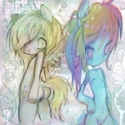  2girls abstract_background animal_ears ass blonde_hair blue_skin class_of_09 closed_mouth colored_skin cowboy_shot derpy_hooves furry furry_female grey_skin grey_wings hair_over_one_eye hooves horse_ears horse_girl ieatedyuripizza multicolored_hair multiple_girls my_little_pony my_little_pony:_friendship_is_magic pink_eyes rainbow_dash rainbow_hair standing stitches wings yellow_eyes yellow_tail 