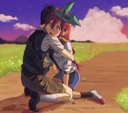  1boy 1girl antenna_hair aubrey_(faraway)_(omori) aubrey_(omori) black_hair black_shoes black_socks black_sweater_vest blue_eyes blue_hairband blue_skirt brown_shorts clouds collared_shirt commentary_request crying crying_with_eyes_open denim denim_skirt double-parted_bangs hair_between_eyes hairband highres jacket long_hair omori open_clothes open_jacket open_mouth pink_hair shirt shoes short-sleeved_jacket short_hair short_sleeves shorts shousan_(hno3syo) sidelocks skirt sky sneakers socks sunny_(omori) sweater_vest tears white_jacket white_shirt white_socks 