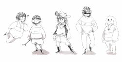  1boy 2024 2d 4others ? ambiguous_gender anaizzzen animal_ears anthro asriel_dreemurr barefoot belt body_fur boots chara_(undertale) child clover_(undertale_yellow) commentary cowboy_hat deltarune digital_media double_horizontal_stripe droopy_ears english_commentary fangs floppy_ears frisk_(undertale) full_body furry furry_male goat goat_boy goat_ears hat heart_necklace horizontal-striped_clothes human lineup long_sleeves looking_at_another male mammal monster monster_boy multiple_others necklace pants scarf short_hair shorts simple_background single_horizontal_stripe standing striped_clothes striped_sweater sweater undertale undertale_yellow utdr_(toby_fox) vest white_background 