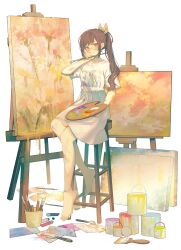  1girl absurdres artist_painter barefoot bloom_festival_(project_sekai) blush brown_hair canvas_(object) commentary_request easel expressionless glasses hand_up high-waist_skirt highres holding holding_paint_palette holding_paintbrush knees long_hair looking_at_viewer official_alternate_costume official_alternate_hair_length official_alternate_hairstyle on_stool orange_eyes paint paint_can paint_palette paint_stains paintbrush painting_(action) painting_(object) ponytail print_shirt project_sekai ribbon ritzchrono semi-rimless_eyewear shinonome_ena shirt simple_background sitting skirt solo stool waist_ribbon white_background white_ribbon white_shirt white_skirt 