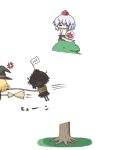  \(^o^)/ blonde_hair bow broom burnt chibi flag flying hat inubashiri_momiji kirisame_marisa kurokoori multiple_girls rope shameimaru_aya shield simple_background skirt skirt_set solid_circle_eyes sweatdrop sword tokin_hat touhou tree weapon white_hair 