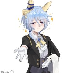 1girl animal_ears black_jacket blue_eyes blue_gem blue_hair blush bow breasts butler closed_mouth collared_shirt commentary_request ear_covers gem gloves grey_vest hair_between_eyes highres horse_ears horse_girl jacket k.s.miracle_(umamusume) long_sleeves looking_at_viewer open_clothes open_jacket outstretched_arm reaching reaching_towards_viewer saramiao-chan shirt short_hair smile solo sparkle umamusume upper_body vest white_gloves white_shirt yellow_bow 