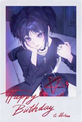  1girl birthday birthday_cake black_choker black_hair black_nails black_shirt cake character_name choker closed_mouth cross cross_necklace ear_piercing earrings elbow_rest food glint goth_fashion grey_eyes hand_on_own_cheek hand_on_own_face happy_birthday hashtag-only_commentary highres holding holding_knife jewelry knife looking_at_viewer mikasa_ackerman necklace piercing shingeki_no_kyojin shirt short_hair sitting smile solo spiked_choker spikes table twintails upper_body yun_(dl2n5c7kbh8ihcx) 