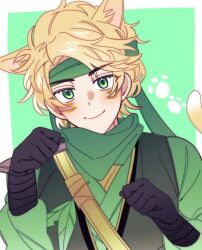  1boy animal_ears animification bandana bandana_around_neck black_gloves blonde_hair cat_boy cat_ears cat_tail closed_mouth commentary_request dougi eyes_visible_through_hair facepaint feathers gloves green_background green_bandana green_dougi green_eyes green_headband headband kemonomimi_mode korean_commentary ll0_yd lloyd_garmadon long_sleeves looking_at_viewer male_focus ninjago paw_pose paw_print paw_print_background short_hair simple_background smile solo tail upper_body 