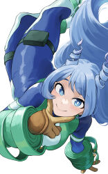  1girl absurdres blue_bodysuit blue_eyes blue_hair bodysuit boku_no_hero_academia breasts closed_mouth commentary drill_hair energy fengling_(furin-jp) gloves green_bodysuit hado_nejire hair_horns highres light_blush long_hair medium_breasts multicolored_bodysuit pouch simple_background skin_tight smile solo superhero_costume sweatdrop thigh_pouch thigh_strap twin_drills v v_over_mouth very_long_hair white_background yellow_gloves 