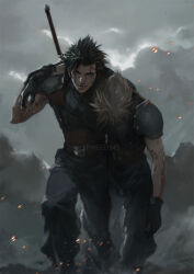  2boys arm_around_shoulder armor baggy_pants battle_damage belt belt_buckle black_gloves black_hair blonde_hair blood blood_on_arm blood_on_face bruise bruise_on_face buckle buster_sword carrying carrying_person cloud_strife clouds cloudy_sky embers english_commentary feet_out_of_frame final_fantasy final_fantasy_vii final_fantasy_vii_remake gloves grey_sky highres injury male_focus multiple_belts multiple_boys outdoors pants short_hair shoulder_armor sky sleeveless sleeveless_turtleneck spiky_hair spykeee straight-on suspenders sweater sword sword_on_back turtleneck turtleneck_sweater walking weapon weapon_on_back zack_fair 