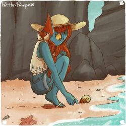  1girl 2017 2d alternate_costume alternate_hairstyle animal anthro artist_name beach black_eyepatch blue_shorts blue_skin colored_sclera colored_skin commentary crab crustacean dated_commentary denim denim_shorts digital_media ear_fins english_commentary eyepatch female female_only fins fish fish_girl flip-flops hair_down hand_on_own_knee hat head_fins hermit_crab long_hair looking_at_animal monster monster_girl outdoors petite-pumpkin red_hair shirt shorts sleeveless sleeveless_shirt slit_pupils solo squatting starfish sun_hat teeth tiptoes undertale undyne utdr_(toby_fox) water yellow_sclera 