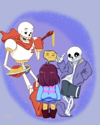  1other 2018 2boys 2d ambiguous_gender armor artist_collaboration artist_name black_shorts blue_shorts blue_sweater boots border brothers brown_boots brown_hair cape child commentary digital_media double_horizontal_stripe english_commentary fakescs food frisk_(undertale) gloves gradient_background grey_border grey_hood height_difference holding holding_food holding_plate holding_spoon hollow_eyes hood hood_down hooded_jacket horizontal-striped_clothes human humanoid jacket long_sleeves looking_at_another male monster monster_boy multiple_boys open_clothes open_jacket papyrus_(undertale) pasta pink_stripes plate purple_background purple_jacket purple_slippers red_boots red_cape red_gloves sans_(undertale) shirt short_hair shorts siblings signature simple_background single_vertical_stripe skeleton slippers spaghetti spoon striped_clothes striped_shorts striped_sweater sweater teeth trio two-tone_sweater undead undertale utdr_(toby_fox) vertical-striped_clothes vertical-striped_shorts wakadannaw white_armor white_shirt white_stripes 