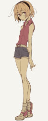 1girl arms_behind_back belt black_hairband blonde_hair blue_shorts collared_shirt full_body hairband higurashi_no_naku_koro_ni holding_own_wrist houjou_satoko kokujin_youhei long_legs looking_at_viewer pink_shirt shirt shoes short_hair shorts simple_background sleeveless sleeveless_shirt sneakers socks solo violet_eyes white_background white_belt white_socks 
