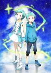  1girl absurdres age_difference aqua_hair artist_request capri_pants dress eureka eureka_seven eureka_seven_(series) eureka_seven_ao fukai_ao highres mother_and_son purple_eyes short_hair shorts source_request time_paradox violet_eyes 