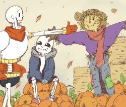  2016 2boys 2d armor autumn autumn_leaves black_shorts blue_jacket blue_shorts brothers cape commentary dated_commentary digital_media duo english_commentary gloves grey_hood height_difference hollow_eyes hood hood_down hooded_jacket humanoid jacket leaf long_sleeves male male_focus male_only monster monster_boy multiple_boys open_clothes open_jacket own_hands_together papyrus_(undertale) petite-pumpkin pink_slippers pumpkin red_cape red_gloves sans_(undertale) scarecrow shirt shorts siblings simple_background single_vertical_stripe sitting skeleton slippers socks standing striped_shorts teeth undead undertale utdr_(toby_fox) vertical-striped_clothes vertical-striped_shorts white_armor white_shirt white_socks white_stripes wind yellow_background 