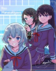  3girls bang_dream! bang_dream!_it's_mygo!!!!! black_hair blue_eyes blush brown_dress cat chinese_commentary clenched_teeth closed_mouth commentary_request commission dress drink_carton drinking_straw drinking_straw_in_mouth hanasakigawa_school_uniform heterochromia highres holding holding_drink_carton inset_border kaname_raana long_hair long_sleeves mole mole_under_eye multiple_girls petting raana_the_cat sailor_collar sailor_dress satoshi_(peso727) school_uniform second-party_source shiina_taki signature smile teeth violet_eyes white_sailor_collar yahata_umiri yellow_eyes 