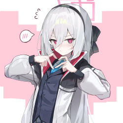  1girl :/ absurdres aqua_necktie black_hairband black_jacket blue_archive blush bright_pupils closed_mouth collared_shirt commentary embarrassed four-finger_heart_hands hair_between_eyes hairband halo hands_up heart heart_hands highres jacket kei_(blue_archive) kei_(new_body)_(blue_archive) long_hair long_sleeves looking_at_viewer multicolored_jacket necktie nonoka7221 open_clothes open_jacket pink_background pink_eyes pink_halo shirt simple_background sweatdrop two-tone_jacket upper_body white_background white_jacket white_pupils white_shirt 