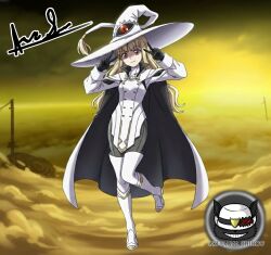  1girl akudama_shirou artificial_eye black_gloves blonde_hair boots cape eitri_(fire_emblem) fire_emblem fire_emblem_heroes gloves hat highres long_hair looking_at_viewer smile thigh_boots tri_tails very_long_hair wavy_hair witch_hat 