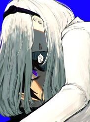  1boy 1girl bababa081 black_hair black_hairband blue_background blue_eyes commentary covered_eyes curtained_hair grey_hair hairband highres jacket kashimiya_karua looking_at_another looking_up open_mouth ringed_eyes short_hair sumino_takumi the_hundred_line_-last_defense_academy- translated white_jacket 