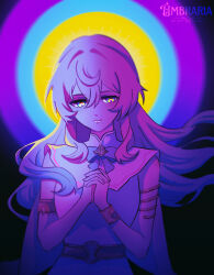  1girl aquila_(honkai:_star_rail) armlet artist_name blurry bow bowtie bracelet breasts capelet commentary dress hair_down hair_intakes highres honkai:_star_rail honkai_(series) hyacine_(honkai:_star_rail) interlocked_fingers jewelry lips long_hair looking_down medium_breasts multicolored_hair own_hands_clasped own_hands_together purple_theme solo umbra_(edits_umbra) watermark 