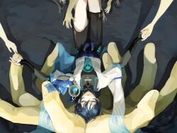  1boy blue_hair bridal_gauntlets chinese_commentary closed_eyes commentary_request extra_arms genshin_impact highres japanese_clothes lying on_back open_mouth scaramouche_(genshin_impact) shade shadow shorts solo_focus upside-down wanderer_(genshin_impact) zhitianxinchang24730 