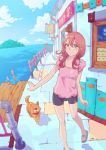  absurdres aqua_eyes bike_shorts blush cloud clouds colorful dog heart highres long_hair ocean original outstretched_arm outstretched_hand perspective purple_hair railing sandals sky smile solo tanuki_koubou water 