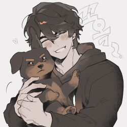  1boy ^_^ animification baby_animal black_hair black_hoodie blush closed_eyes cole_(ninjago) commentary dobermann dog drawstring grin heart highres hood hood_down hoodie korean_text long_sleeves male_focus nanunbab0da ninjago ninjago:_dragons_rising puppy simple_background smile translation_request untranslatable_commentary upper_body white_background 