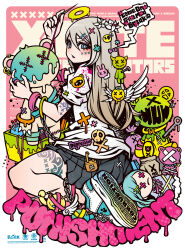  1girl absurdly_detailed_composition alternate_weapon angel arrow_hair_ornament arrow_symbol_hair_ornament chain commentary_request decora doll_hair_ornament emoji_hair_ornament english_text engrish_text frutiger_metro gyaru highres lock original padlock profanity project.c.k. punk ranguage road rokku_gyaru street streetwear tattoo thumb_ring weapon 