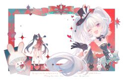  2girls :d ;d absurdly_long_hair aha_(honkai:_star_rail) animal_ears bare_shoulders bell black_choker black_gloves black_hair black_hat black_sash blue_eyes blush bow braid breasts brown_hair butterfly-shaped_pupils chinese_commentary choker circle_facial_mark clothing_cutout clouds commentary_request criss-cross_halter day diamond_(shape) diamond_facial_mark diamond_on_cheek dress elbow_gloves english_text facial_mark flower flower_tattoo fox_mask gloves grey_hair gun hair_bow hair_ornament hair_ribbon halterneck hat hat_ornament heart heart_facial_mark heart_on_cheek heart_print holding honkai:_star_rail honkai_(series) jewelry long_hair long_sleeves looking_at_viewer mark_under_both_eyes mask mask_on_head mini_hat mini_top_hat mojie multicolored_hair multiple_girls neck_bell one_eye_closed open_mouth outdoors picture_frame pink_eyes rabbit_ear_headwear rabbit_hat_ornament red_dress red_sleeves revolver ribbon sash short_hair shoulder_cutout single_glove skirt sky smile snubnosed_revolver sparkle_(honkai:_star_rail) sparxie_(honkai:_star_rail) strapless supplicant_mask symbol-shaped_pupils tattoo thumbs_up_emoji top_hat twintails very_long_hair violet_eyes virtual_youtuber weapon white_dress white_gloves white_hair 