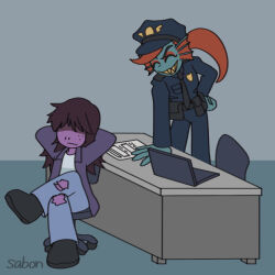  2022 2d 2girls anthro aqua_background arm_support arms_behind_head artist_name black_shoes blue_pants blue_skin chair chief_undyne closed_eyes colored_skin colored_teeth commentary crossed_legs deltarune desk digital_media duo ear_fins facing_another female female_only fins fish fish_girl grey_background hand_on_own_hip hat head_fins high_ponytail jacket laptop lizard lizard_girl long_hair long_sleeves monster monster_girl necktie pants paper police_uniform policewoman ponytail purple_hair purple_jacket purple_skin red_hair reptile reptile_girl sabon_t scalie sharp_teeth shirt shoes simple_background sitting standing susie_(deltarune) swivel_chair tail teeth torn_clothes torn_pants undyne uniform utdr_(toby_fox) white_shirt yellow_teeth 
