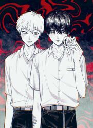  2boys belt blush closed_mouth collared_shirt greyscale_with_colored_background hair_between_eyes hand_on_another's_face hashtag-only_commentary highres hikaru_ga_shinda_natsu indou_hikaru light_smile male_focus mole mole_on_cheek mole_on_neck mole_under_eye mole_under_mouth multiple_boys multiple_moles open_collar pants red_pupils scar scar_on_arm school_uniform shirt shirt_tucked_in short_hair slit_pupils standing tsujinaka_yoshiki x_x3999 
