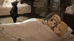  2girls :o bed bird blonde_hair blue_eyes bug butterfly cat chicken clumsy_nun_(diva) cross cup diva_(hyxpk) duck english_commentary goat half-closed_eyes highres little_nuns_(diva) multiple_girls nun pentagram spicy_nun_(diva) traditional_nun under_covers 