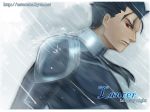  astarone blue_hair earrings fate/stay_night fate_(series) jewelry lancer long_hair male ponytail rain red_eyes solo watermark web_address 