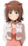  amami_haruka arms_behind_back blush bolero brown_hair bust cropped_jacket green_eyes hair_ribbon idolmaster looking_at_viewer rariemonn ribbon short_hair smile solo transparent_background white_background 