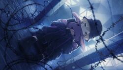  1boy 25-ji_len aqua_eyes black_hat black_pants black_shoes black_sweater blonde_hair blue_theme bucket_hat colorful_palette covered_mouth dot_nose dutch_angle fence game_cg hat highres hugging_object kagamine_len knees_up male_focus official_alternate_costume official_alternate_hair_length official_alternate_hairstyle official_art pants project_sekai purple_theme purple_trim ribbed_sweater shoes short_hair sitting solo soshite_hari_wa_ugokidasu_(project_sekai) stuffed_animal stuffed_rabbit stuffed_toy sweater third-party_source vocaloid yellow_nails zipper 