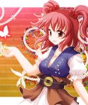  breasts bust butterfly cleavage coin hair_bobbles hair_ornament highres kinagi_yuu obi onozuka_komachi open_mouth red_eyes red_hair redhead short_hair smile solo touhou twintails 