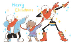  1other 2017 2boys 2d ambiguous_gender ankle_boots armor black_shorts blue_jacket blue_shirt blue_shorts boots brothers brown_boots brown_hair child christmas commentary dab_(dance) digital_media double_horizontal_stripe english_commentary frisk_(undertale) full-body gloves grey_hood height_difference hood hood_down hooded_jacket horizontal-striped_clothes human humanoid jacket long_scarf long_sleeves male mao2kon merry_christmas monster monster_boy multiple_boys open_clothes open_jacket outstretched_arm papyrus_(undertale) pink_slippers pink_stripes red_boots red_gloves red_scarf sans_(undertale) scarf shared_scarf shirt short_hair shorts siblings simple_background single_vertical_stripe skeleton slippers socks sparkle standing striped_clothes striped_shirt striped_shorts teeth text third-party_source trio two-tone_shirt undead undertale utdr_(toby_fox) vertical-striped_clothes vertical-striped_shorts white_armor white_background white_shirt white_socks white_stripes 