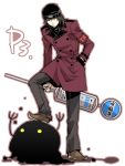  1boy aragaki_shinjirou armband beanie brown_eyes brown_hair hat male persona persona_3 simple_background solo trench_coat 