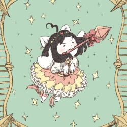  2016 2d alternate_costume animal black_hair bow closed_mouth commentary creature creature_focus dated_commentary digital_media dress english_commentary female frilled_dress frills full_body green_background magical_girl multicolored_dress multiple_animal_ears no_humans petite-pumpkin pink_ribbon puffy_short_sleeves puffy_sleeves red_bow ribbon simple_background solo sparkle staff temmie undertale utdr_(toby_fox) weapon weapon_in_mouth white_fur 