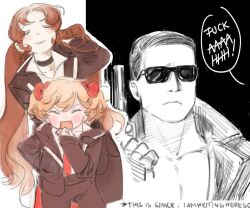  black_choker blonde_hair brown_hair choker closed_eyes closed_mouth don_quixote_(project_moon) english_text gun handgun limbus_company long_hair meursault_(project_moon) open_mouth project_moon rodion_(project_moon) short_twintails simple_background smile speech_bubble sunglasses terminator_(series) terminator_2:_judgment_day twintails weapon wenli 