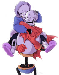  2022 2boys 2d absurdres anaizzzen armor black_shorts blood blue_jacket blue_shorts brothers cape closed_eyes commentary cowboy_shot digital_media duo english_commentary genocide_route_(undertale) gloves grey_hood height_difference highres hood hood_down hooded_jacket humanoid jacket long_sleeves male male_focus male_only monster monster_boy multiple_boys open_clothes open_jacket papyrus_(undertale) piggyback pink_slippers red_cape red_gloves sans_(undertale) shirt shorts siblings simple_background single_vertical_stripe skeleton slippers socks spoilers striped_shorts tears teeth undead undertale utdr_(toby_fox) vertical-striped_clothes vertical-striped_shorts white_armor white_background white_shirt white_socks white_stripes 