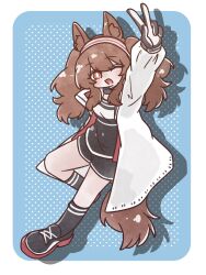  1girl :d angelina_(arknights) animal_ears arknights black_collar black_gloves black_shirt black_shoes black_socks blue_background border bright_pupils brown_hair coat collar commentary_request drop_shadow fox_ears fox_girl fox_tail full_body gloves hair_between_eyes hairband hand_up highres jacket kneehighs long_hair long_sleeves looking_at_viewer multicolored_gloves multicolored_hairband no_nose nunnuje_a_u_e one_eye_closed open_clothes open_coat open_jacket orange_eyes red_hairband red_jacket shirt shoes smile sneakers socks solo striped_clothes striped_hairband tail twintails two-tone_hairband v white_border white_coat white_gloves white_pupils 