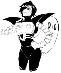  0_0 1boy 1other 2023 2d ambiguous_gender anaizzzen androgynous android black_hair commentary cousins cropped_legs digital_media duo english_commentary ghost gloves hair_over_one_eye hand_on_own_hip humanoid humanoid_robot male mettaton mettaton_ex monochrome napstablook pauldrons robot robot_boy short_hair simple_background undertale utdr_(toby_fox) white_background 