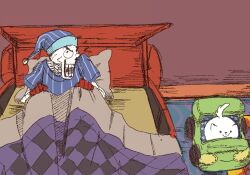  1boy 2016 2d animal annoying_dog bed blanket blue_hat blue_pajamas commentary dated_commentary digital_media dog duo english_commentary gloves hat humanoid in-universe_location male male_focus male_only monster monster_boy nightcap on_bed pajamas papyrus_(undertale) petite-pumpkin red_gloves sitting skeleton striped_clothes striped_hat striped_pajamas teeth undead undertale utdr_(toby_fox) vertical-striped_clothes white_dog 
