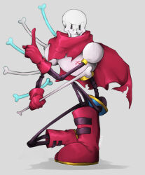  1boy 2022 2d absurdres anaizzzen armor artist_name blue_shorts bone boots cape commentary digital_media english_commentary full_body gloves grey_background highres holding holding_bone humanoid index_finger_raised male male_focus male_only monster monster_boy on_one_knee papyrus_(undertale) red_boots red_cape red_gloves shorts simple_background skeleton solo teeth undead undertale utdr_(toby_fox) white_armor 