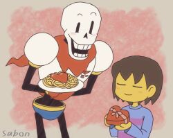  1boy 1other 2022 2d ambiguous_gender armor artist_name blue_shorts blue_sweater blush border box brown_hair cape child commentary cowboy_shot digital_media double_horizontal_stripe duo food frisk_(undertale) gift gift_box gloves heart-shaped_box holding holding_box holding_food holding_gift holding_plate horizontal-striped_clothes human humanoid long_sleeves male monster monster_boy orange_border papyrus_(undertale) pasta pink_ribbon pink_stripes plate red_background red_cape red_gloves ribbon sabon_t short_hair shorts simple_background skeleton smile spaghetti striped_clothes striped_sweater sweater teeth two-tone_sweater undead undertale uneven_eyes upper_body utdr_(toby_fox) valentine white_armor 