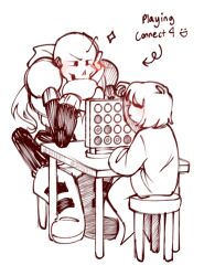  1boy 1other 2026 2d ambiguous_gender armor arrow_(symbol) artist_name boots child commentary connect_four digital_media duo elbow_rest emoticon english_commentary english_text frisk_(undertale) gloves human humanoid long_sleeves male monochrome monster monster_boy on_stool papyrus_(undertale) playing_games scarf short_hair shorts si11y-romance simple_background sitting skeleton sparkle stool sweater table text undead undertale utdr_(toby_fox) white_background 