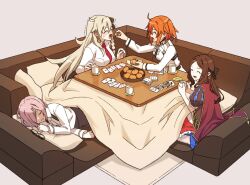  4girls ahoge black_bow black_skirt blue_pantyhose blush bow bowl braid brown_background brown_hair brown_shirt cape card chaldea_logo chaldea_uniform closed_eyes collared_jacket collared_shirt commentary_request cup decoponmagi drink earrings embarrassed facing_another fate/grand_order fate_(series) feeding food fruit fujimaru_ritsuka_(female) glasses gold_earrings hair_between_eyes hair_bow hair_over_one_eye holding holding_cup holding_food holding_fruit jacket jewelry kotatsu leonardo_da_vinci_(fate) leonardo_da_vinci_(rider)_(fate) leonardo_da_vinci_(rider)_(first_ascension)_(fate) long_hair long_sleeves lying mandarin_orange mash_kyrielight mash_kyrielight_(chaldea_uniform) medium_hair multiple_girls necktie no_shoes olga_marie_animusphere olga_marie_animusphere_(unbeast) on_side one_side_up open_mouth orange_hair pantyhose parted_hair parted_lips playing_card playing_card_game playing_games ponytail puff_and_slash_sleeves puffy_sleeves purple_hair red_cape red_necktie red_skirt saucer shirt short_hair simple_background sitting skirt sleeping smile sweatdrop table under_kotatsu under_table unworn_eyewear white_hair white_jacket white_necktie white_shirt yunomi 
